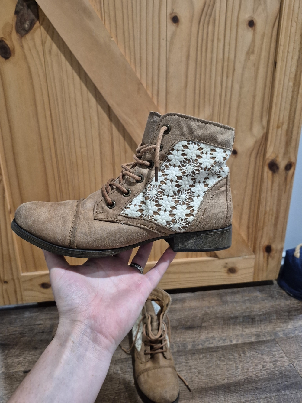 Brash Tan Lace-Up Ankle Boots with Cream Crochet Panels - Picture 14 of 14